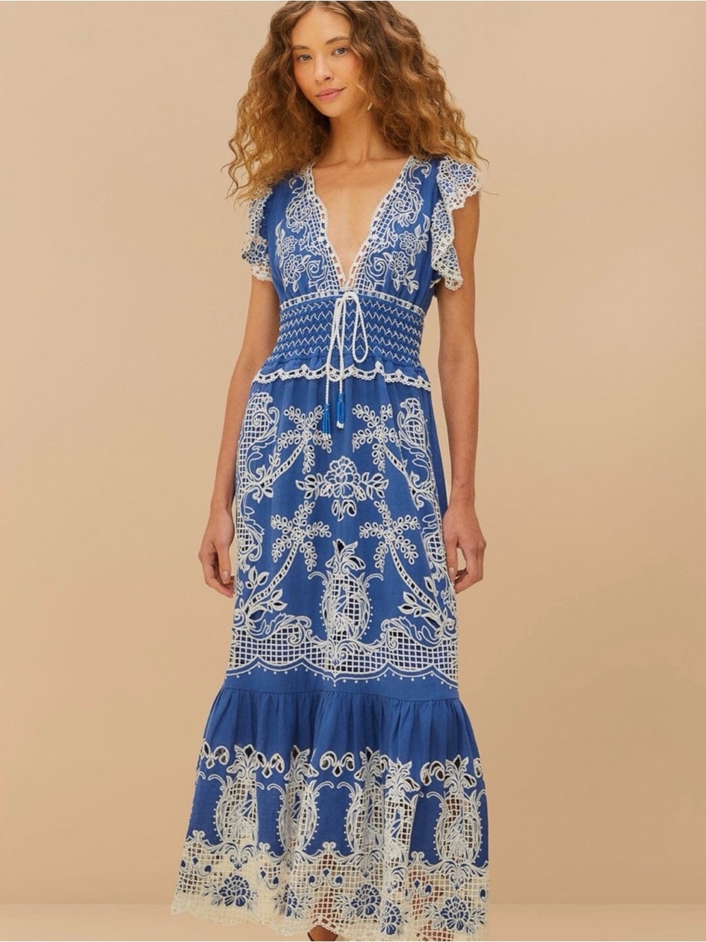 FARM RIO Blue Maxi Dress with White Crochet Embroidery Large NWT